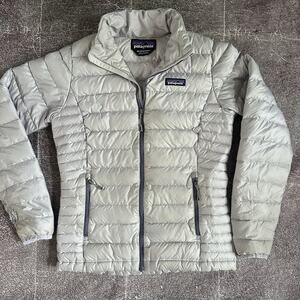 Womens Patagonia Pura Pastle Purple Gray Down Puffer Sweater Zip Up Jacket Sz XS